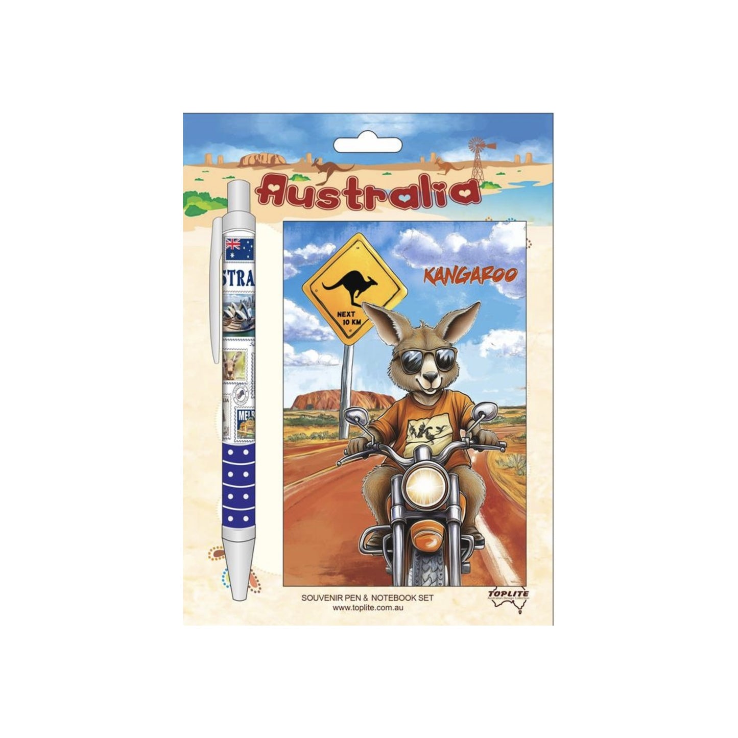 Australia Kangaroo Souvenir Pen & Notebook Set – Outback Biker Design | Australian Stationery Gift Set