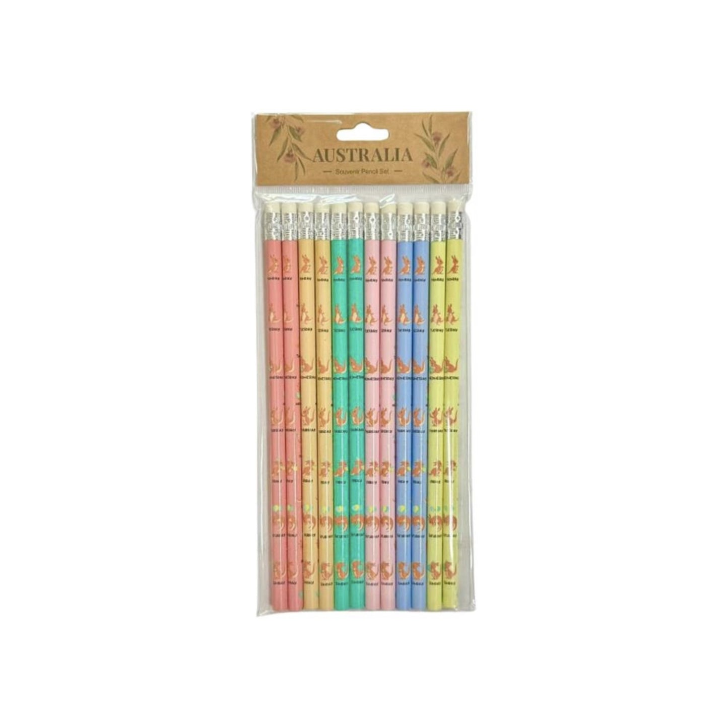 Australia Souvenir Pencil Set – 12 Kangaroo Print Pencils, Pastel Colours