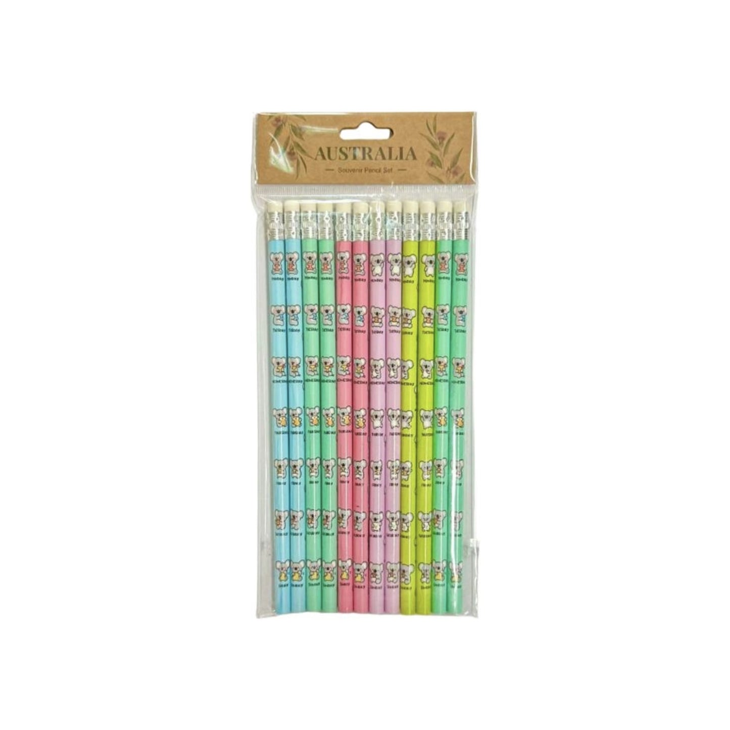 Australia Souvenir Pencil Set – 12 Koala Print Pencils, Pastel Colours