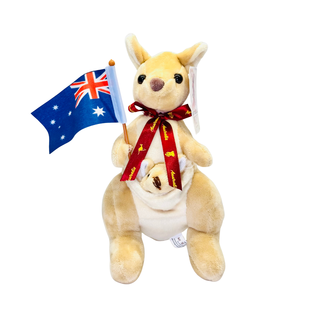 Plush Kangaroo – 20cm with Joey, Ribbon & Holding Australia Flag