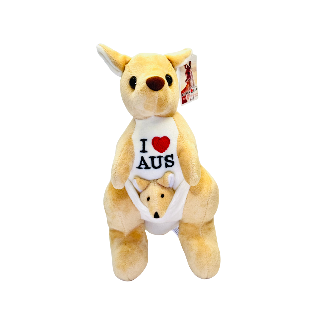 Plush Kangaroo – 28cm with Joey & Embroidered “I ❤️ AUS”