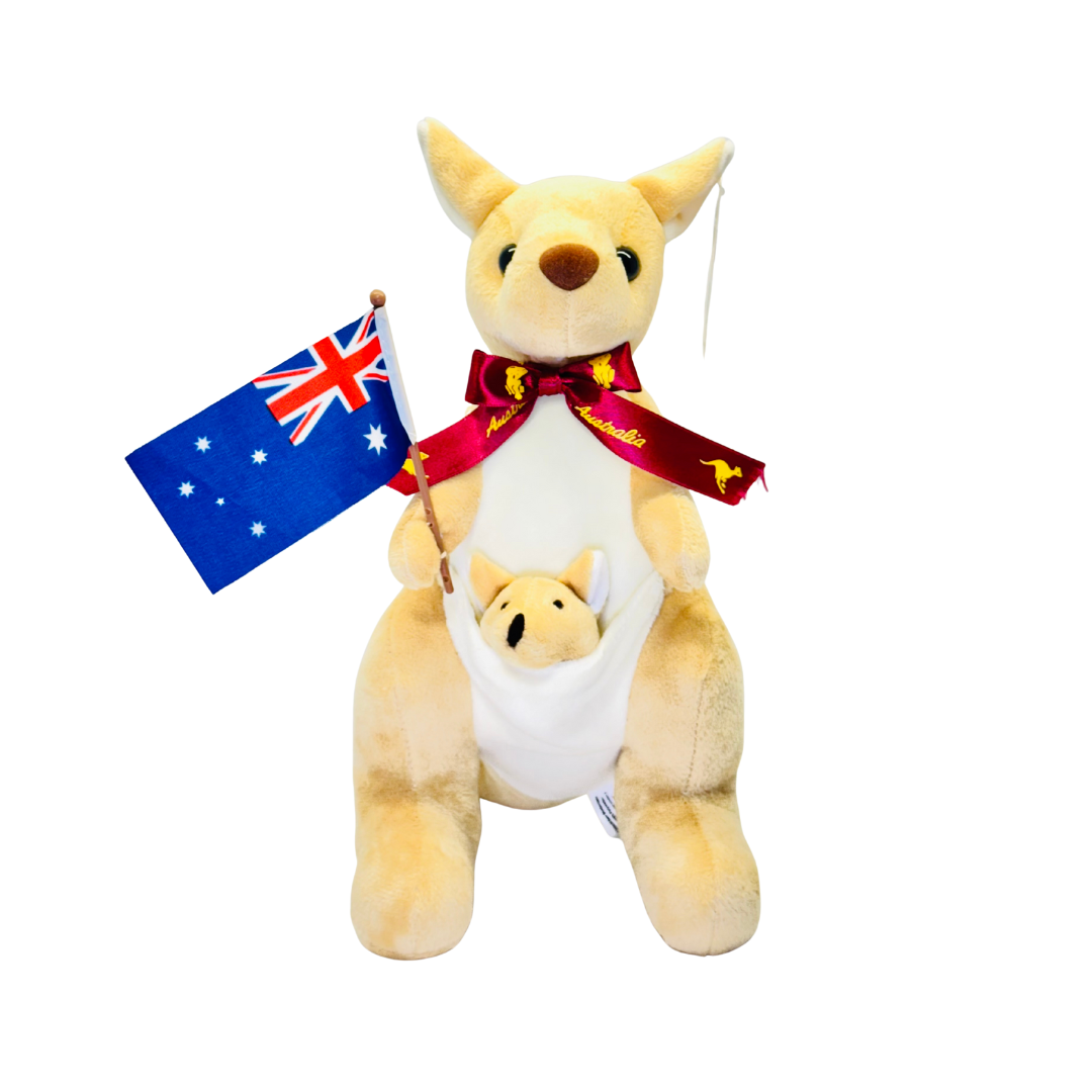 Plush Kangaroo – 28cm with Joey, Ribbon & Holding Australia Flag