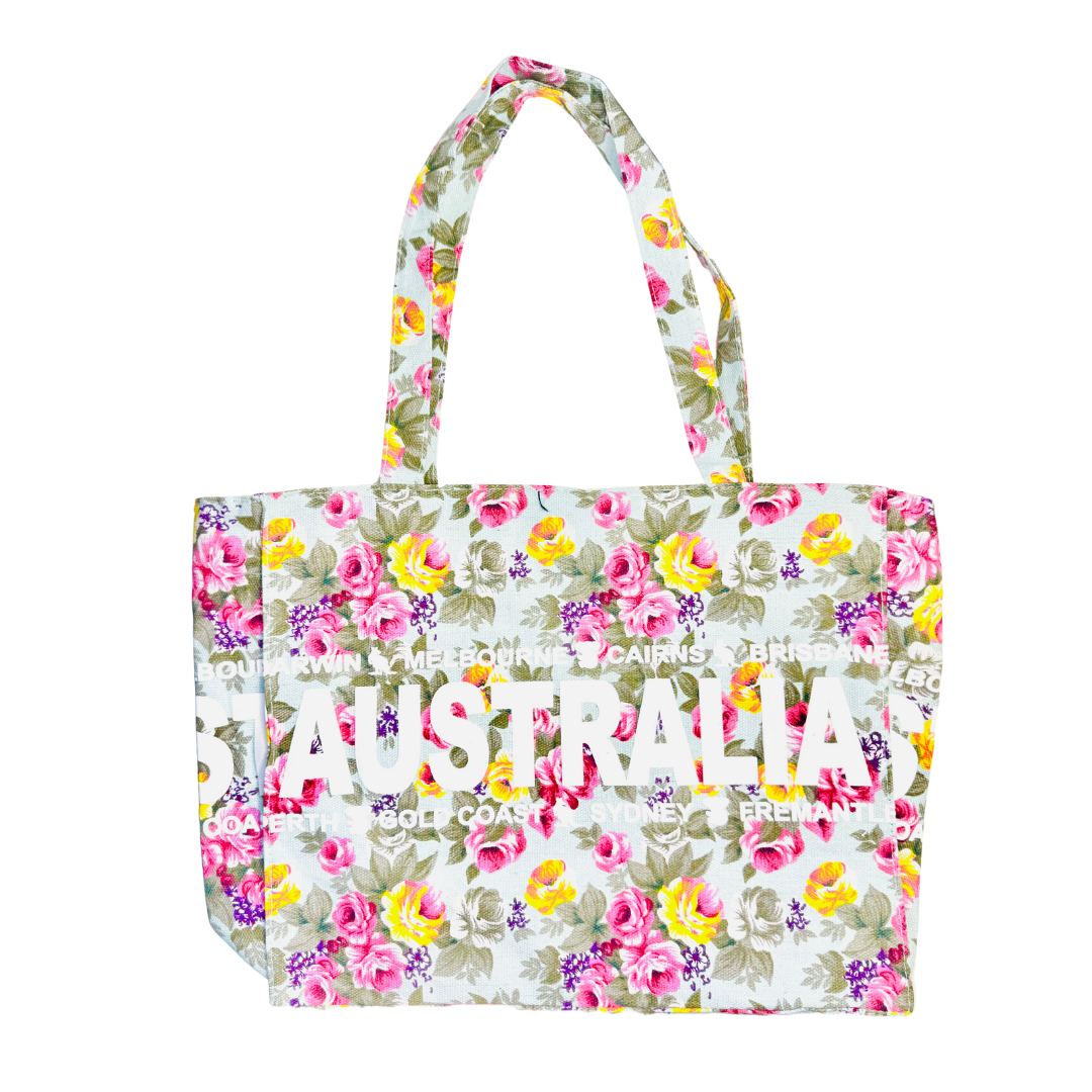 Floral Canvas Tote Bag – Australia Print (Pastel Rose Colourway, 100% Cotton)