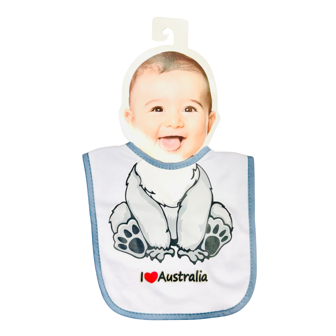Baby Bib – Grey Koala Design with "I ❤️ Australia"