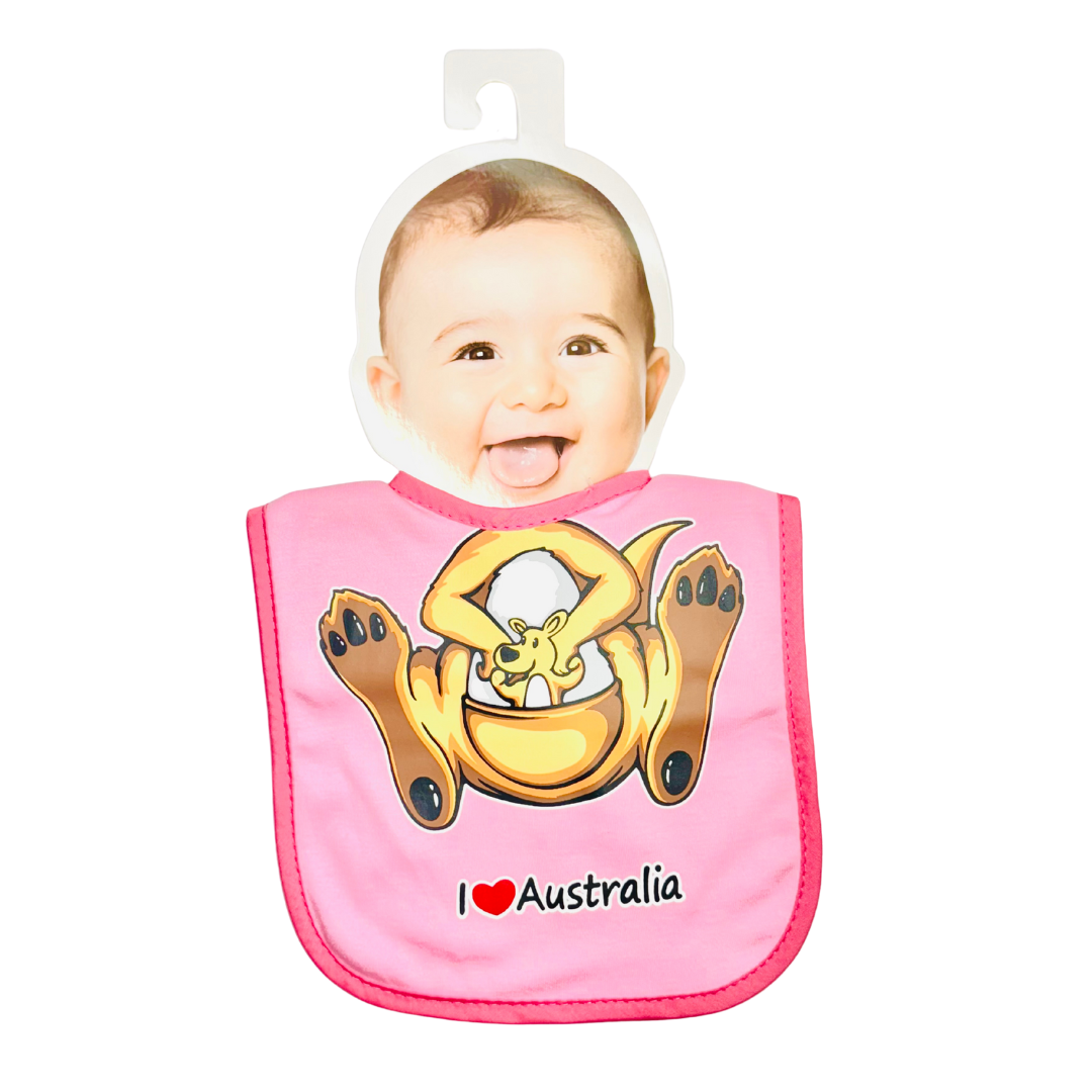 Baby Bib – Pink Kangaroo Design with "I ❤️ Australia"