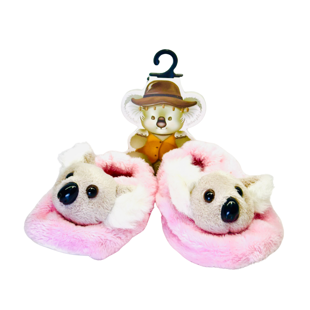 Baby Booties – Pink Plush with Koala Face Design (6–12 Months)