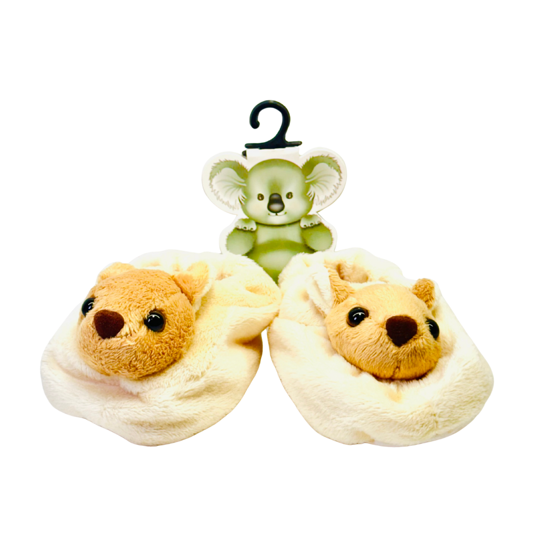 Baby Booties – Yellow Plush with Kangaroo Face Design (6–12 Months)