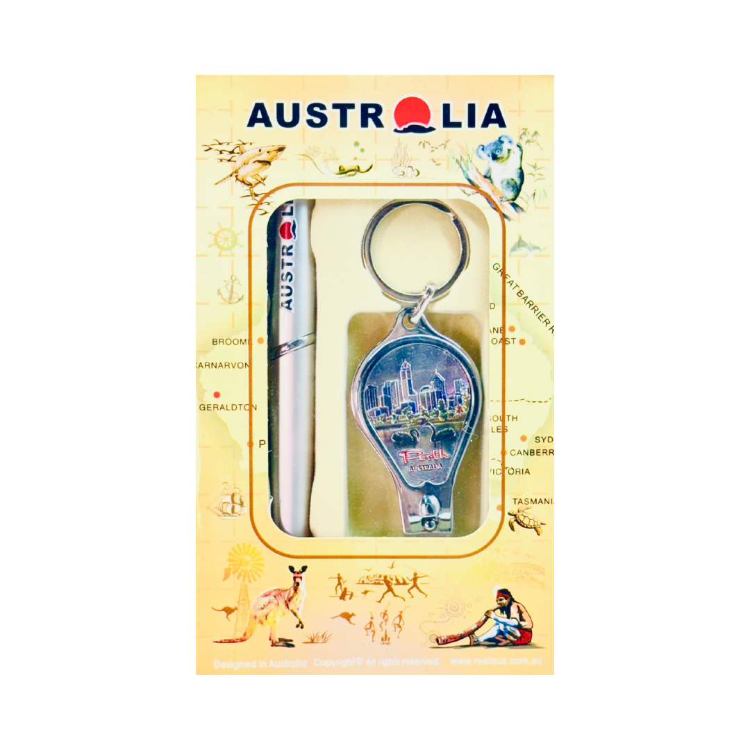 Perth Souvenir Boxed Gift Set – Pen & Keyring with Nail Clipper