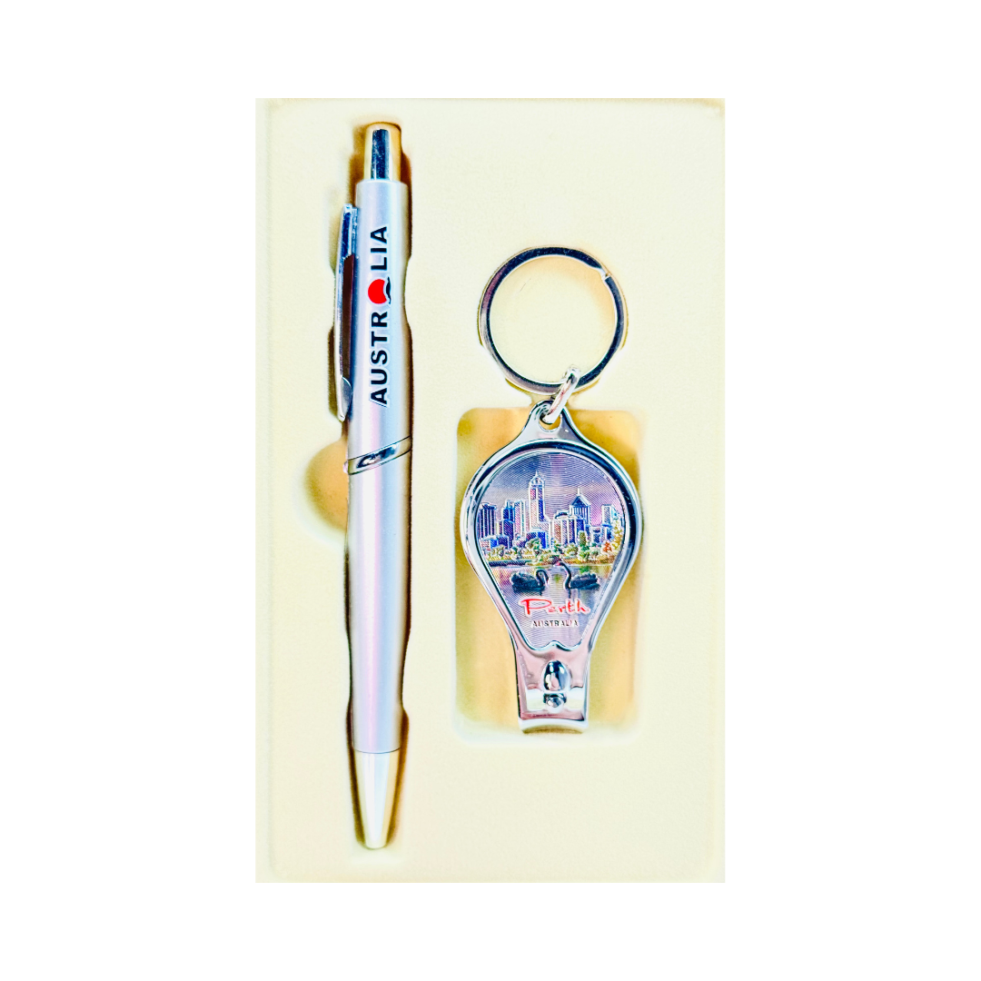 Perth Souvenir Boxed Gift Set – Pen & Keyring with Nail Clipper