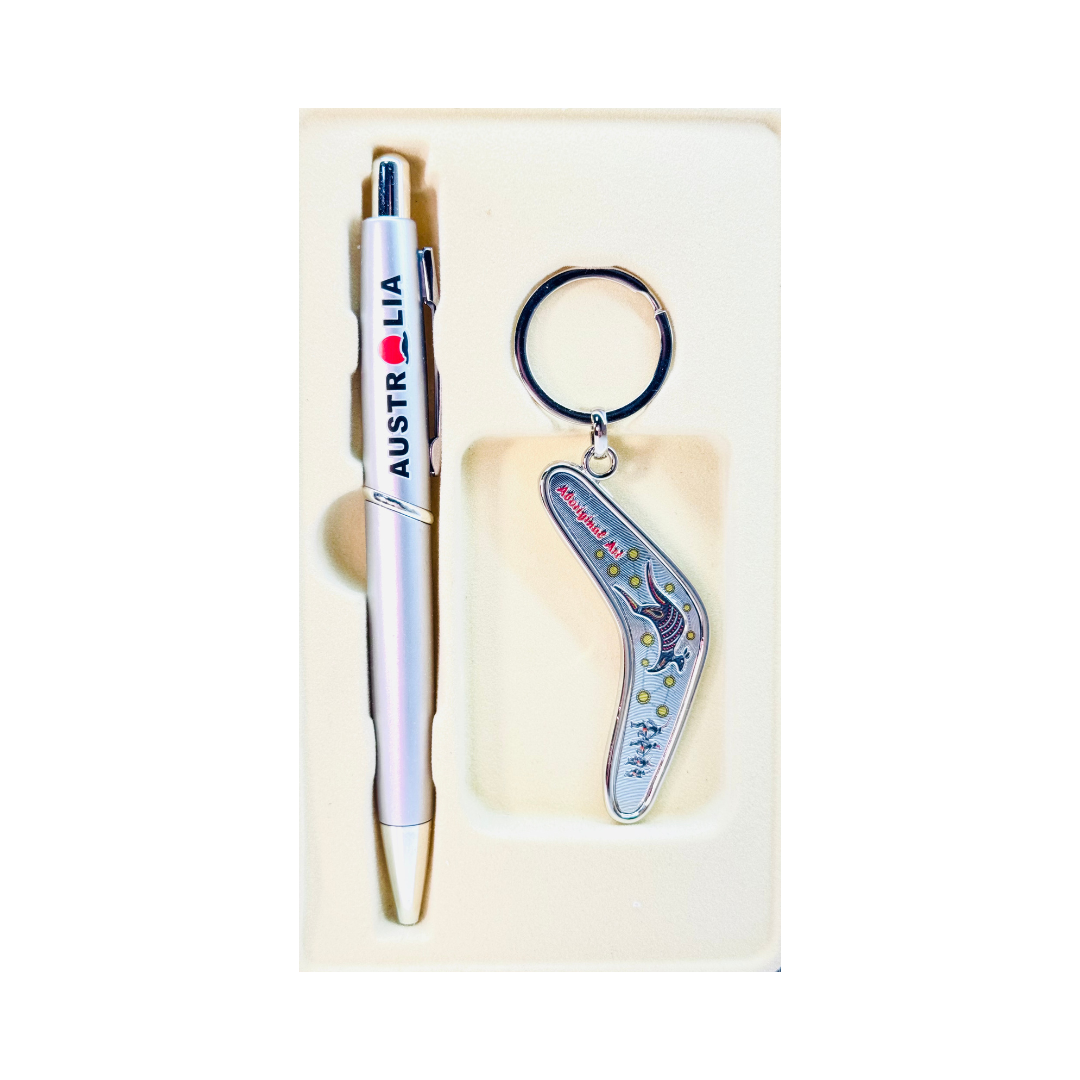 Australia Gift Set – Pen & Silver Boomerang Keyring (Aboriginal Design)