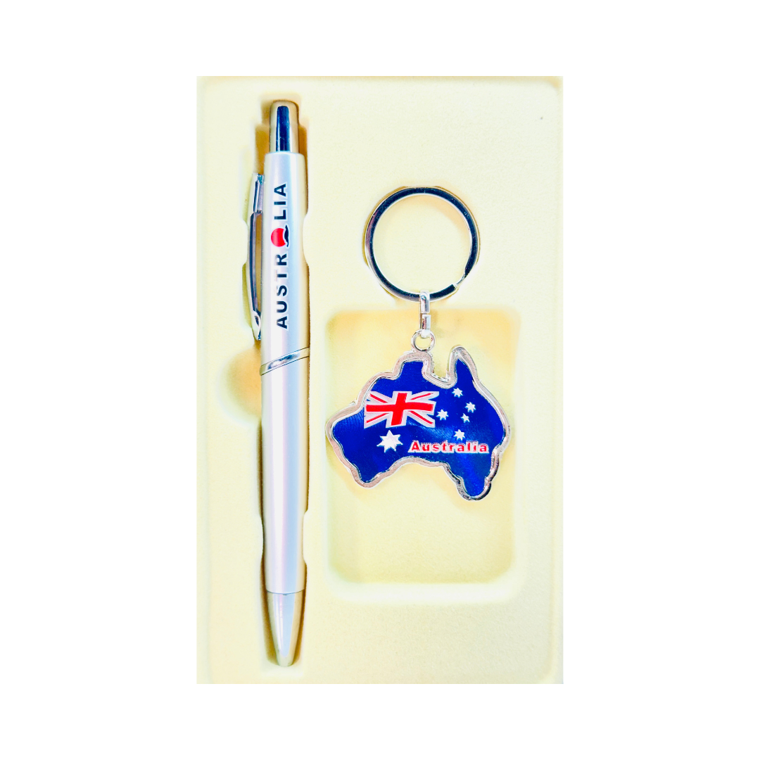 Australia Boxed Gift Set – Pen & Map-Shaped Keyring (Flag Design)
