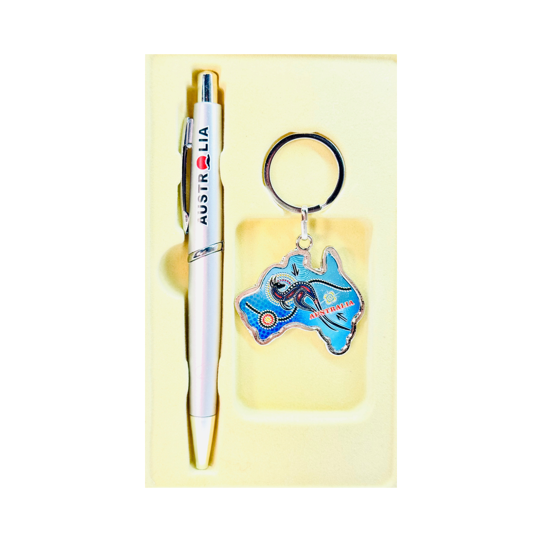 Australia Boxed Gift Set – Pen & Map-Shaped Keyring (Blue Aboriginal Design)
