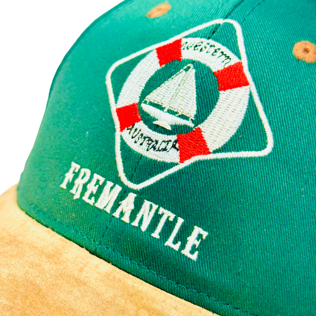 Fremantle Western Australia Cap – Green Cotton Hat with Suede Peak and Embroidered Sailing Design