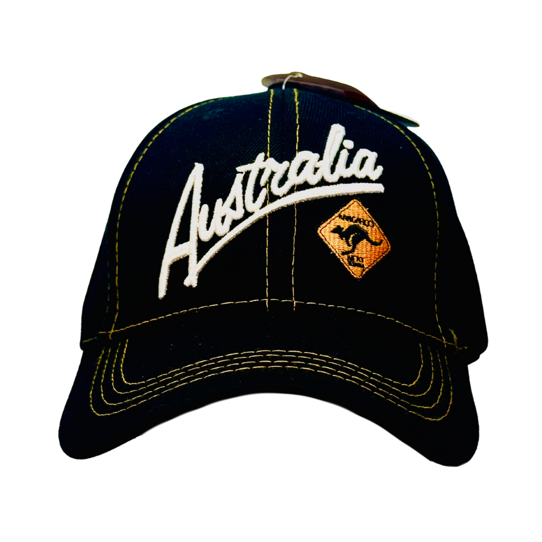 Australia Embroidered Kangaroo Road Sign Cap – Black Adjustable Baseball Hat