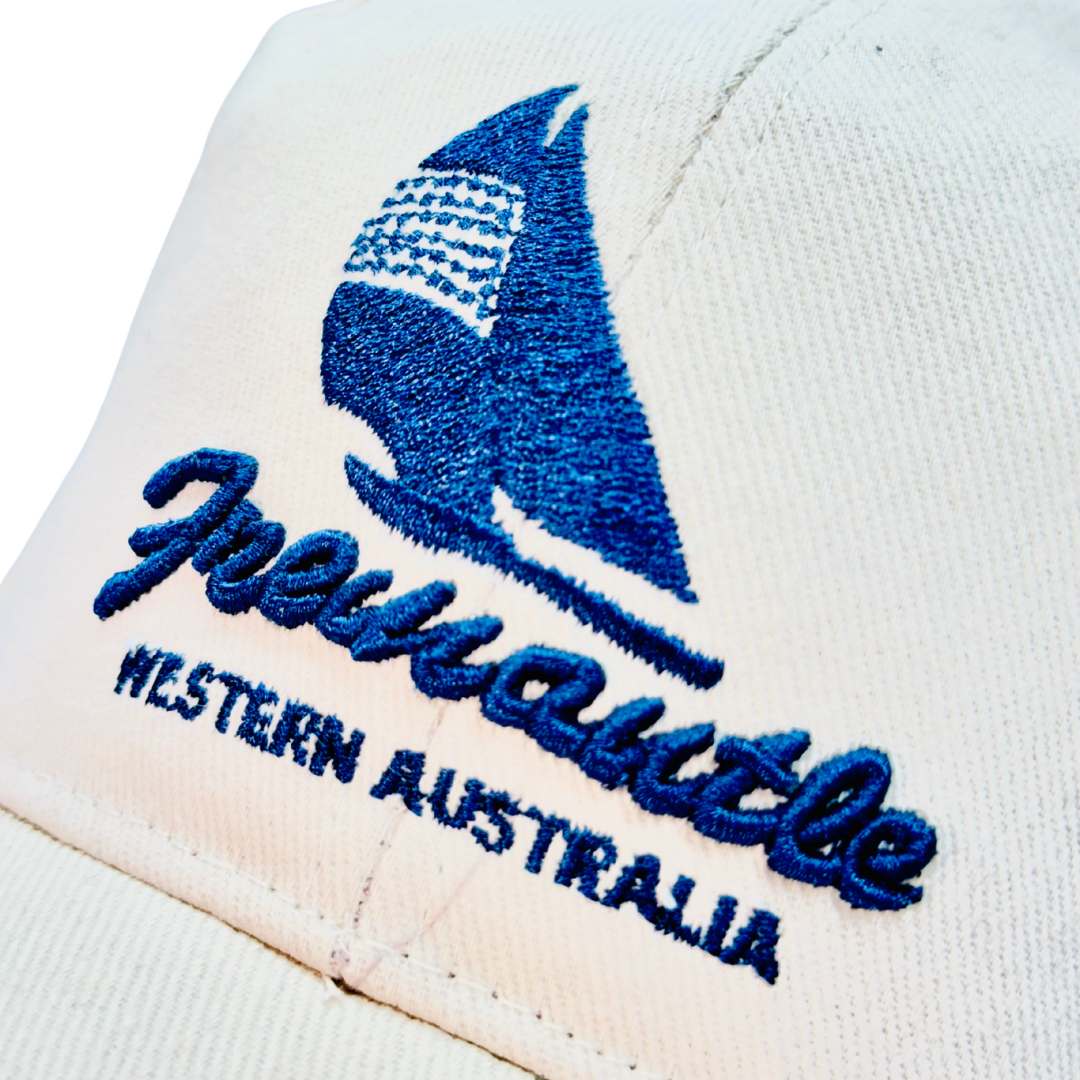Fremantle Embroidered Cap – Cream & Blue Adjustable Souvenir Hat Western Australia