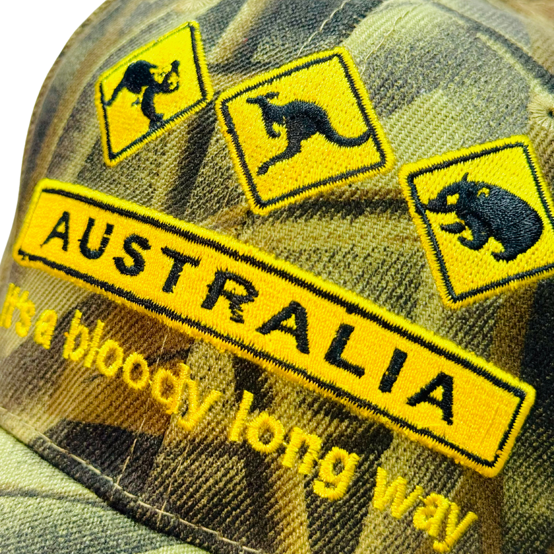 Australia Camo Souvenir Cap – “It’s a Bloody Long Way” Adjustable Hat with Wildlife Signs