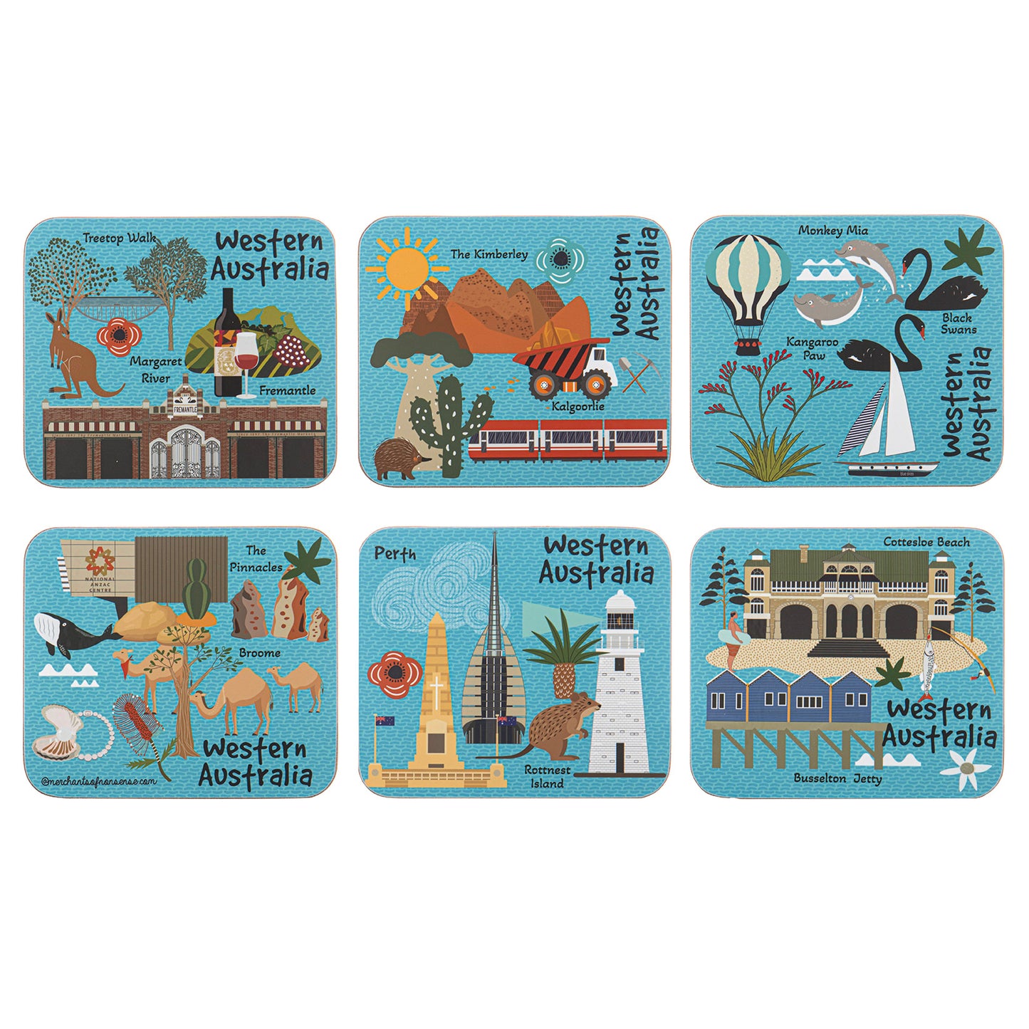 Ashdene Land Down Under – Western Australia Coaster Set of 6 | WA Icons Illustrated Coasters | Australian Souvenir Gift