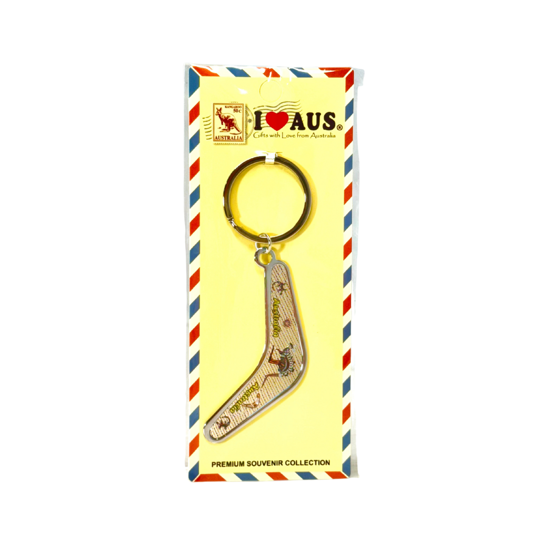 Metal Boomerang Keyring – Brown Aboriginal Motif Design