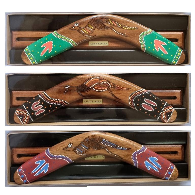 Australian Kangaroo Boomerang – Hand-Painted Wooden Boomerang with Display Stand, 14"