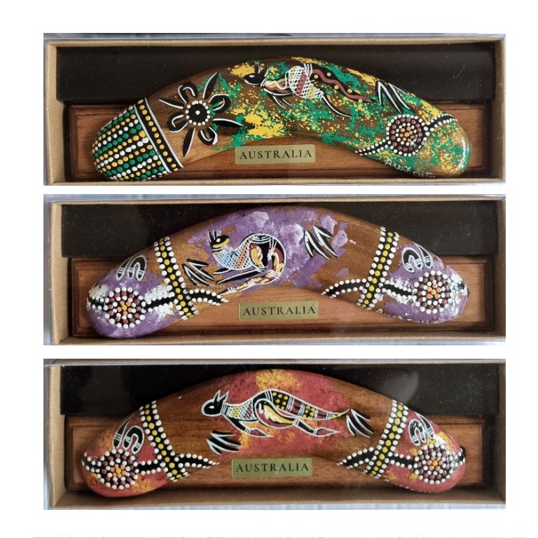 Australian Kangaroo Boomerang – Hand-Painted Dot Art Boomerang with Display Stand, 8"