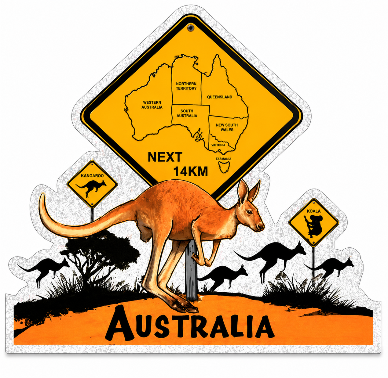 Australia Road Sign Fridge Magnet – Kangaroo, Koala & State Map Souvenir | Die-Cut Metallic Magnet