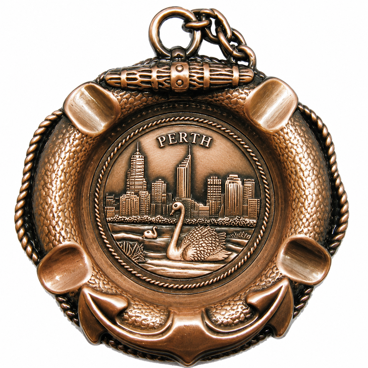 Perth Souvenir Ashtray – Antique Copper Skyline & Black Swan Design | Anchor & Rope Detail