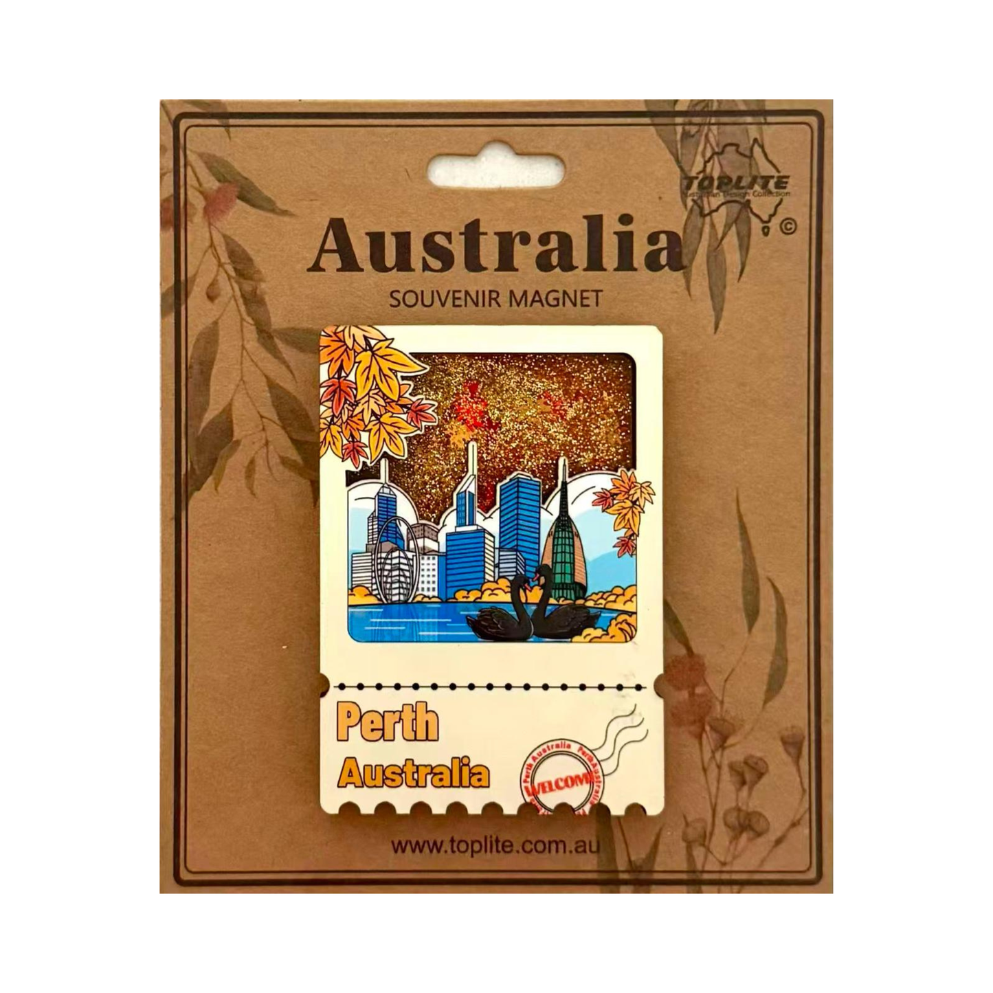 Perth Australia Souvenir Fridge Magnet – Glitter Sunset Skyline | Black Swans & City Postcard Design