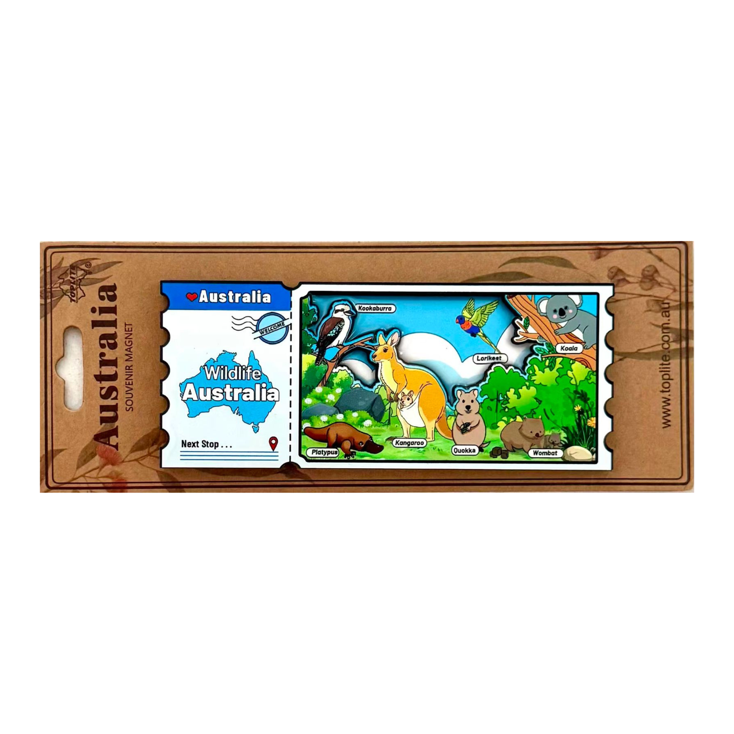 Wildlife Australia Souvenir Fridge Magnet – Travel Ticket Design | Kangaroo, Koala, Quokka & More