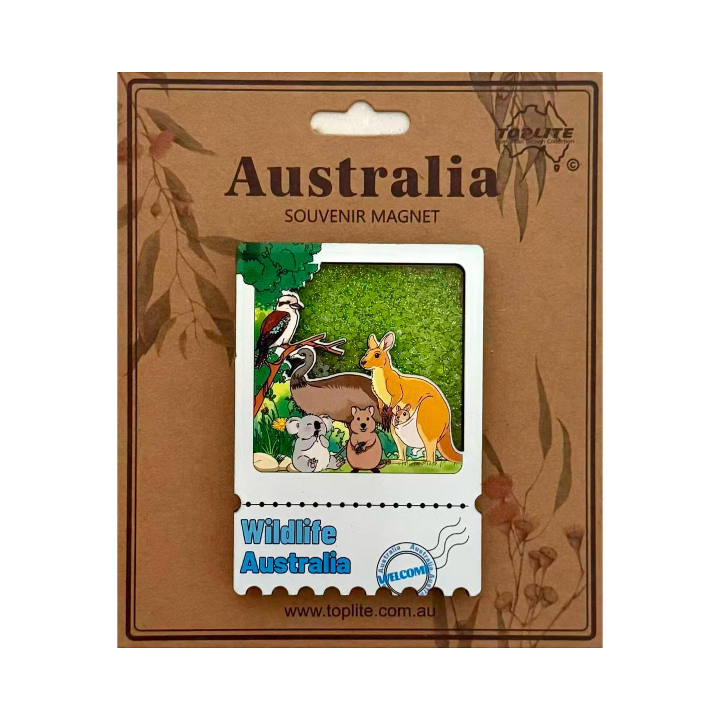 Wildlife Australia Souvenir Fridge Magnet – Glitter Polaroid Design | Kangaroo, Koala, Emu, Quokka & Kookaburra