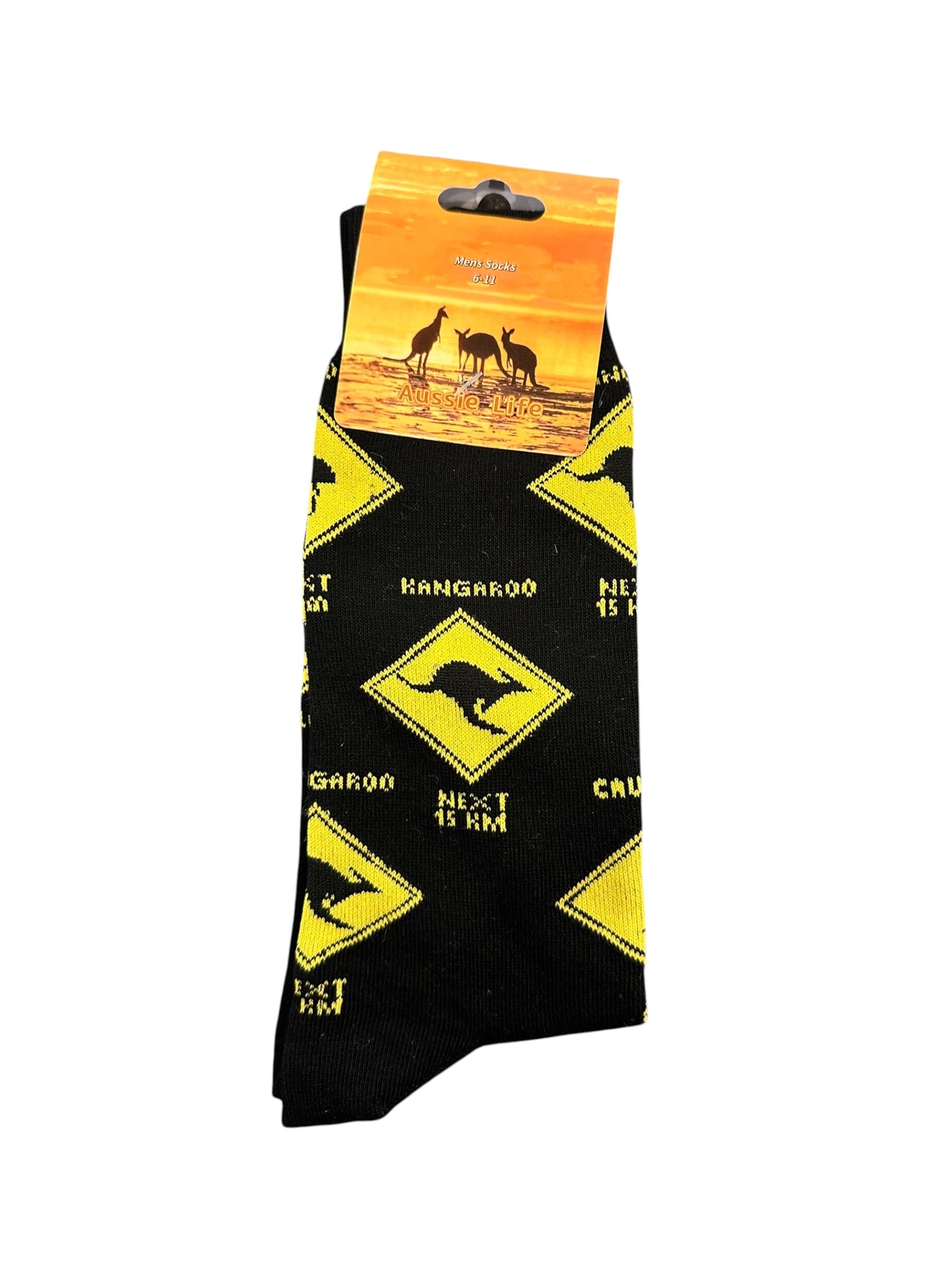 Kangaroo Road Sign Socks – Men's Size 6-11 | Black & Yellow All-Over Warning Sign Pattern