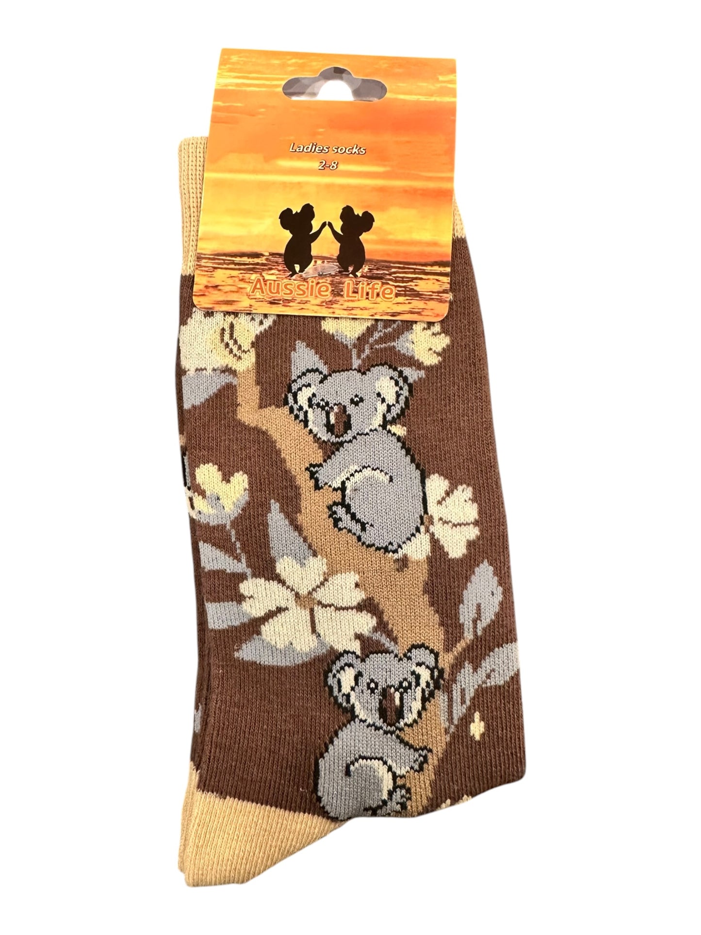 Koala & Eucalyptus Socks – Ladies Size 2-8 | Brown & Cream Botanical Koala Souvenir Socks