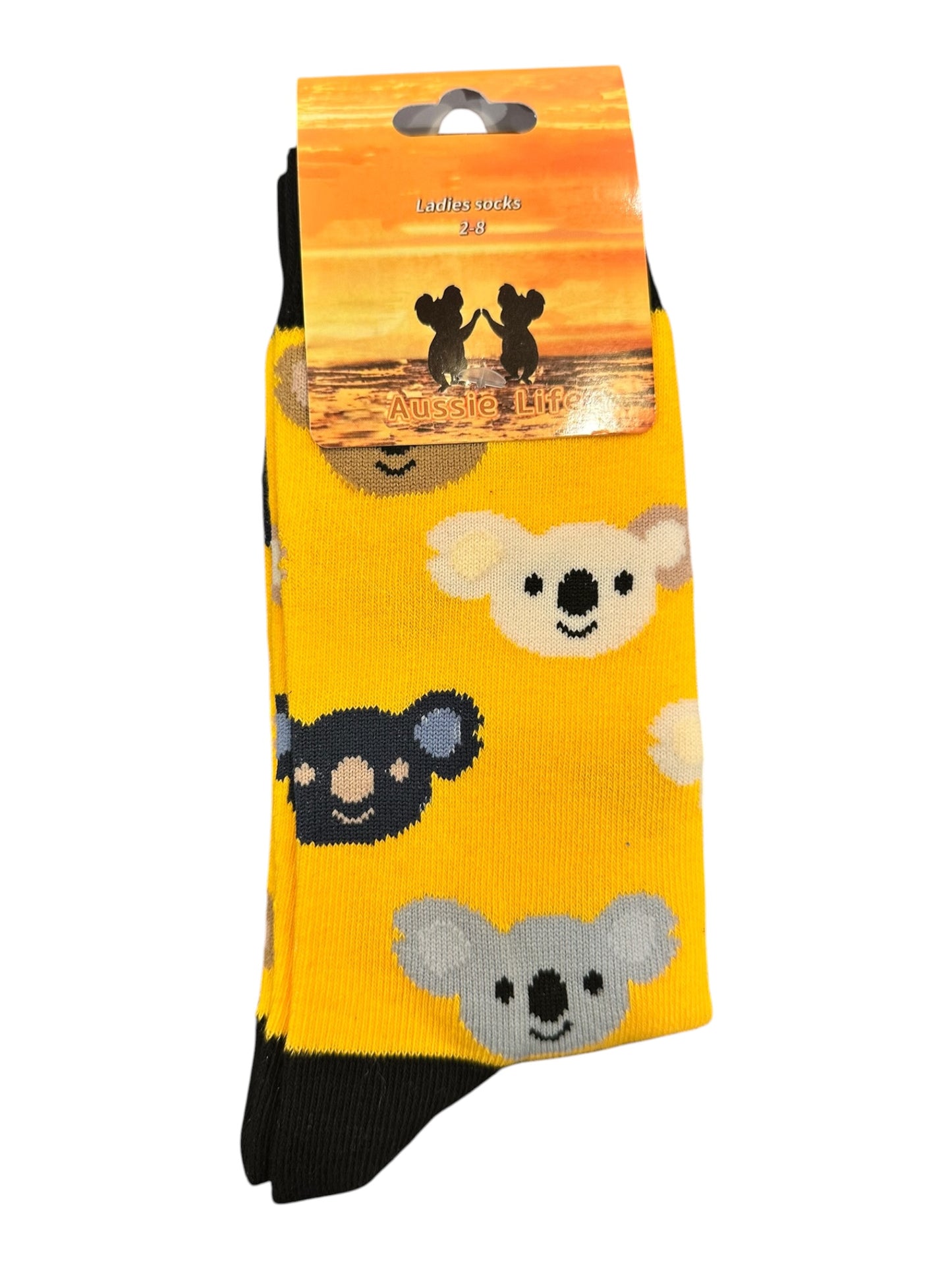 Koala Face Socks – Ladies Size 2-8 | Yellow All-Over Koala Print Souvenir Socks