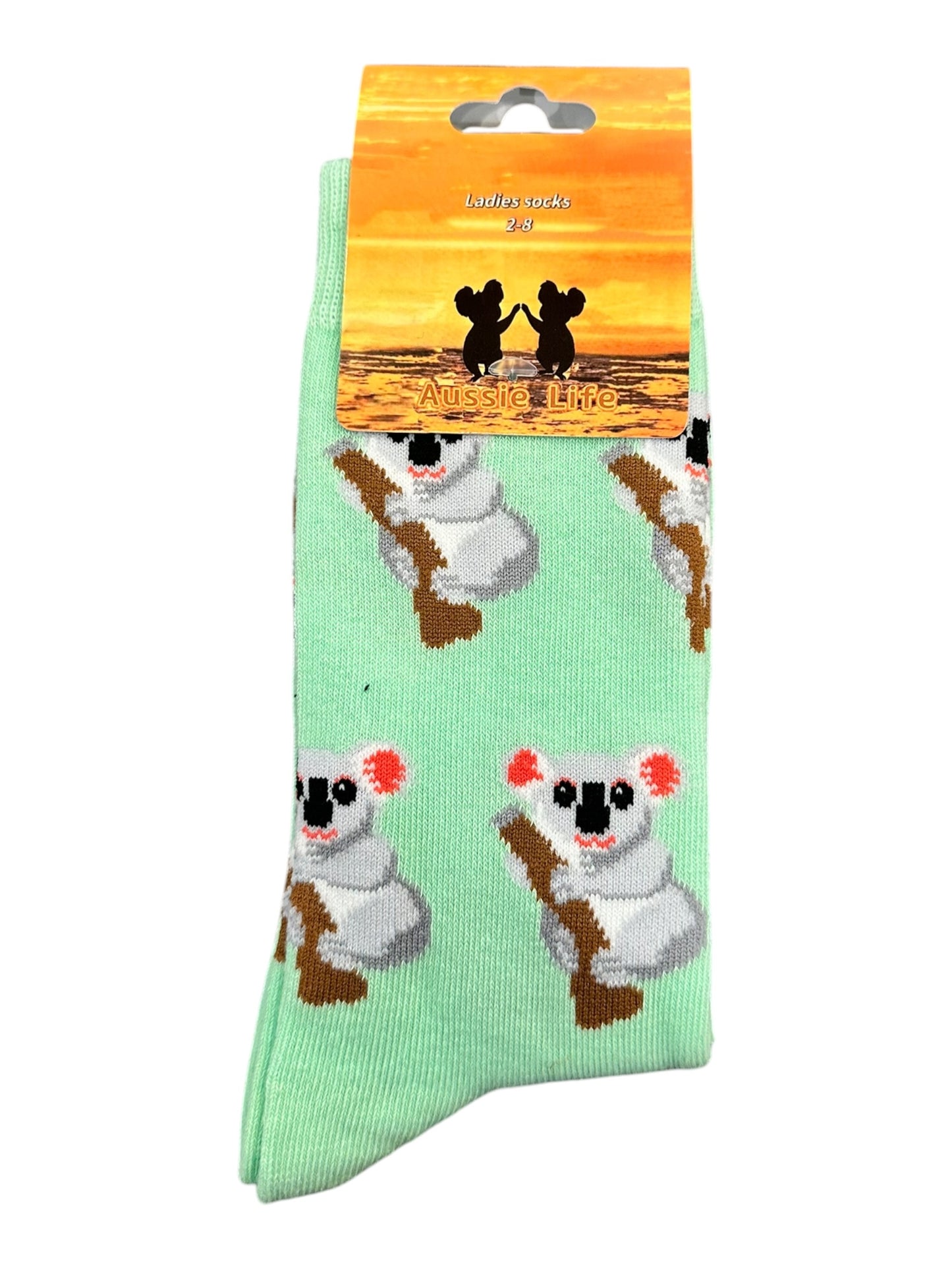 Koala on a Branch Socks – Ladies Size 2-8 | Mint Green All-Over Koala Souvenir Socks