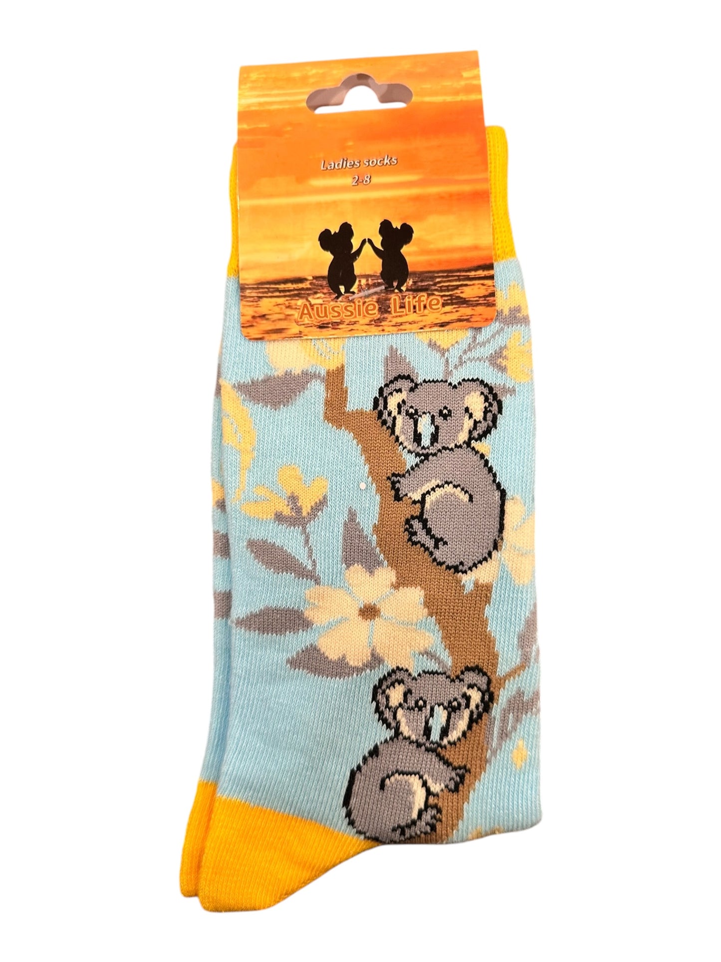 Koala Family Tree Socks – Ladies Size 2-8 | Aqua Blue & Yellow Floral Koala Souvenir Socks