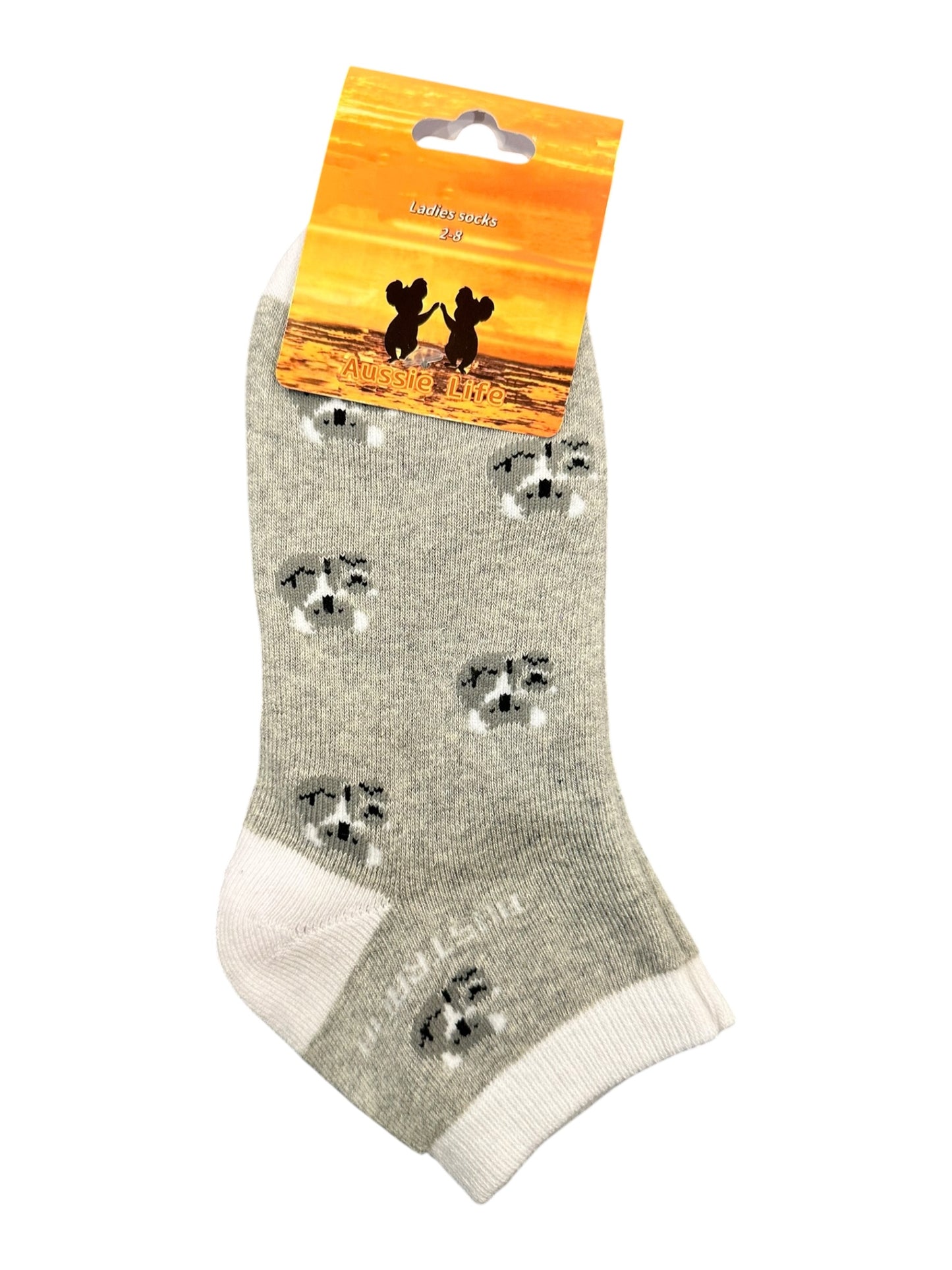 Koala Face Ankle Socks – Ladies Size 2-8 | Grey All-Over Koala Print Low-Cut Souvenir Socks