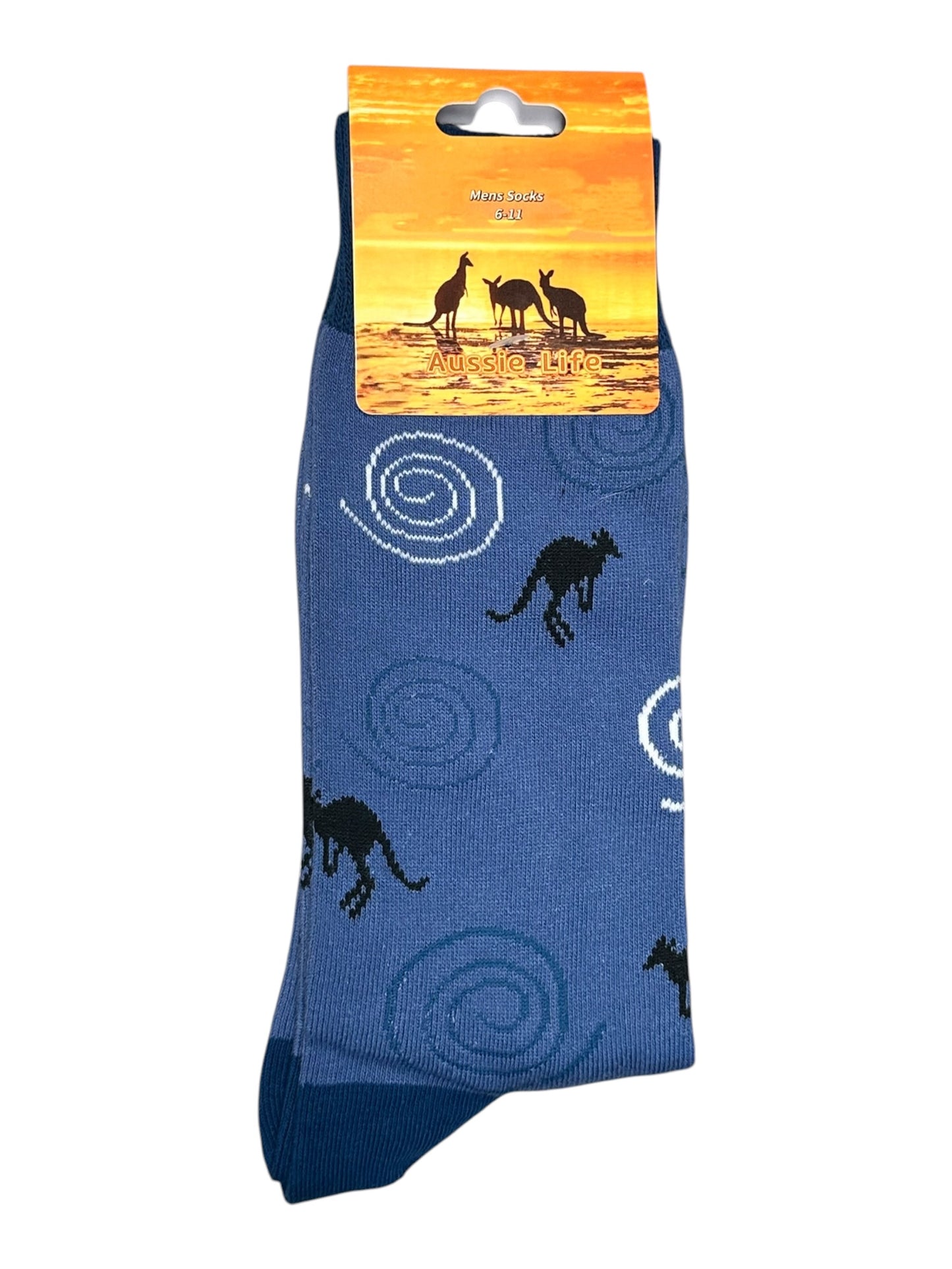 Kangaroo Outback Socks – Men's Size 6-11 | Blue Kangaroo & Spiral Print Souvenir Socks