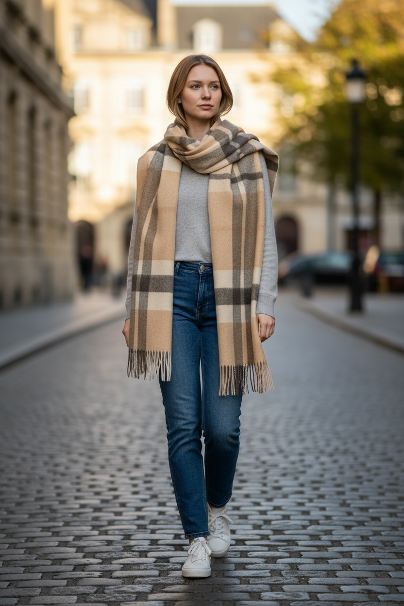 Australian Merino Wool Scarf – Camel & Taupe Classic Check | Fringe Trim Winter Scarf