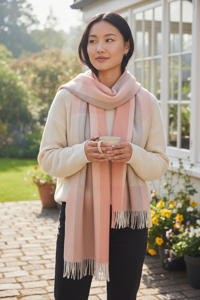 Australian Merino Wool Scarf – Blush Pink & Taupe Check | Fringe Trim Winter Scarf