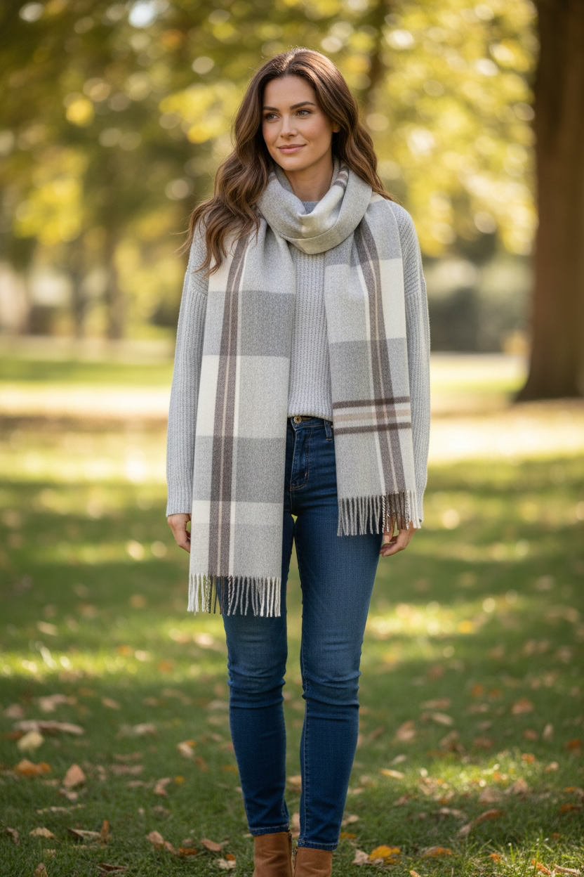 Australian Merino Wool Scarf – Grey & Cream Classic Check | Fringe Trim Winter Scarf, Gift Boxed