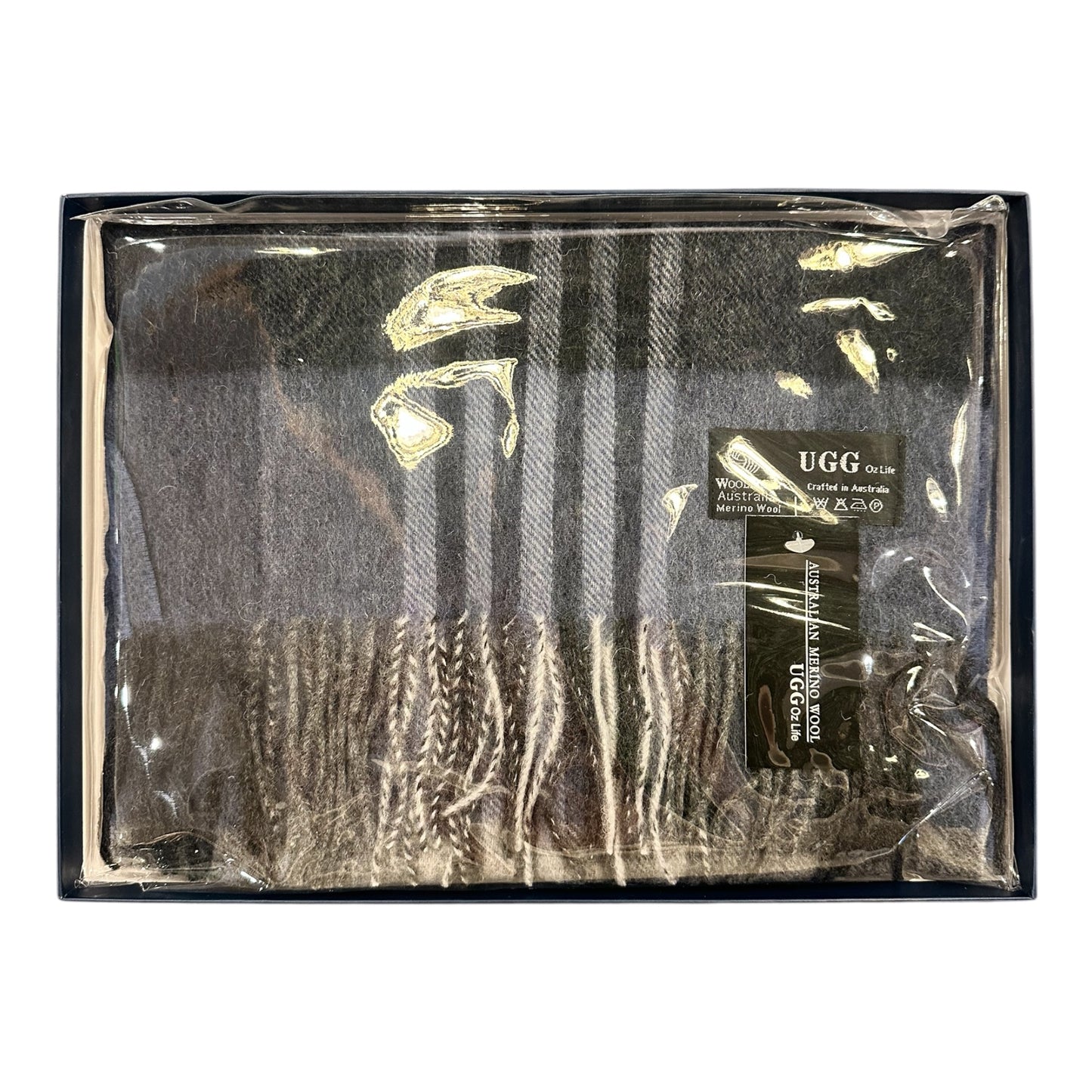 Australian Merino Wool Scarf – Grey & Beige Windowpane Check | Fringe Trim Winter Scarf