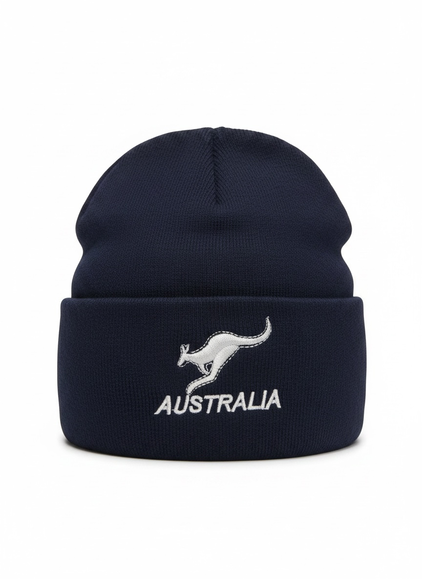 Australia Kangaroo Beanie – Navy Cuffed Knit Souvenir Beanie