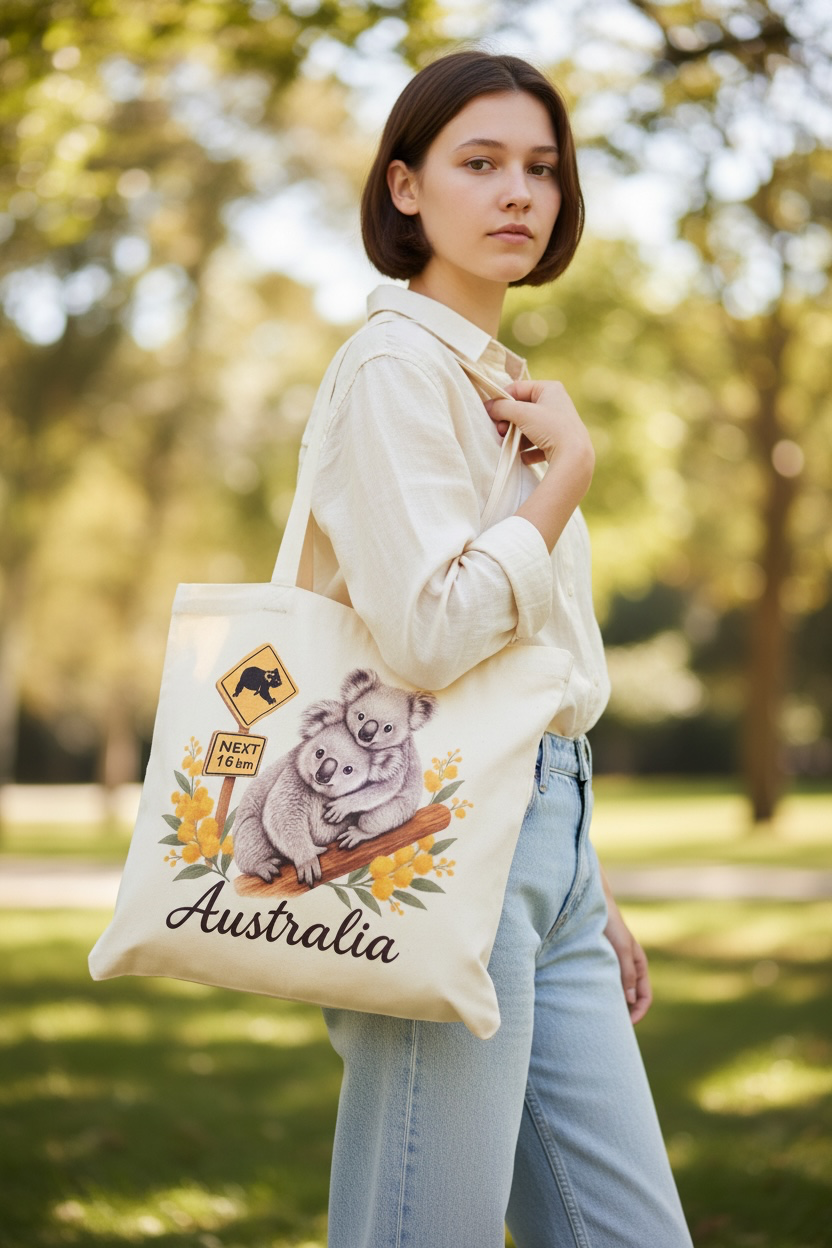 Australia Canvas Tote Bag – Koala & Baby Print, Eco Canvas Bag