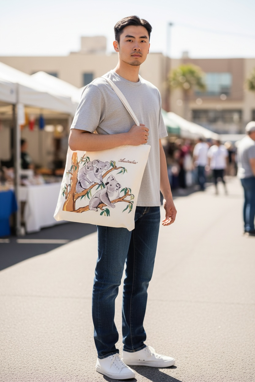 Australia Canvas Tote Bag – Koala Family in Eucalyptus Tree Print, Eco Canvas Bag
