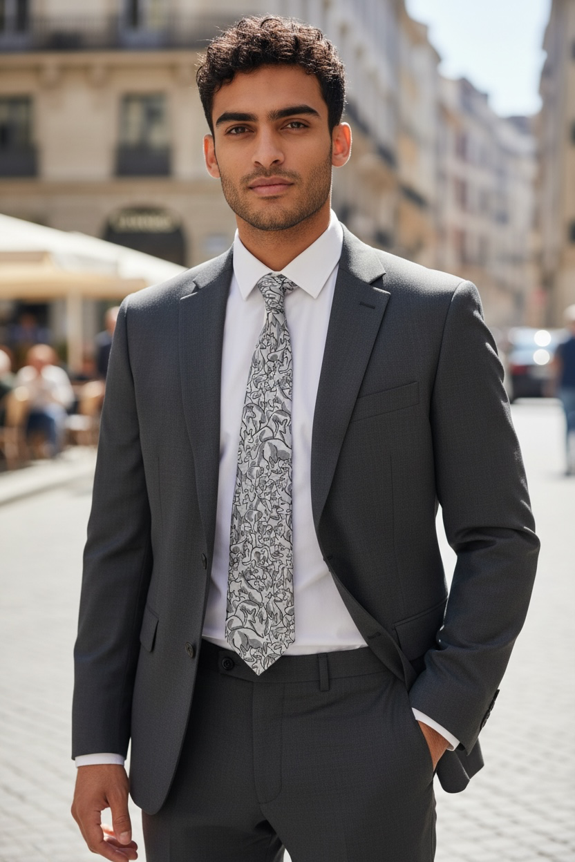 Australian Made Kangaroo Tie – Grey All-Over Print Necktie with Kangaroo Tie Pin