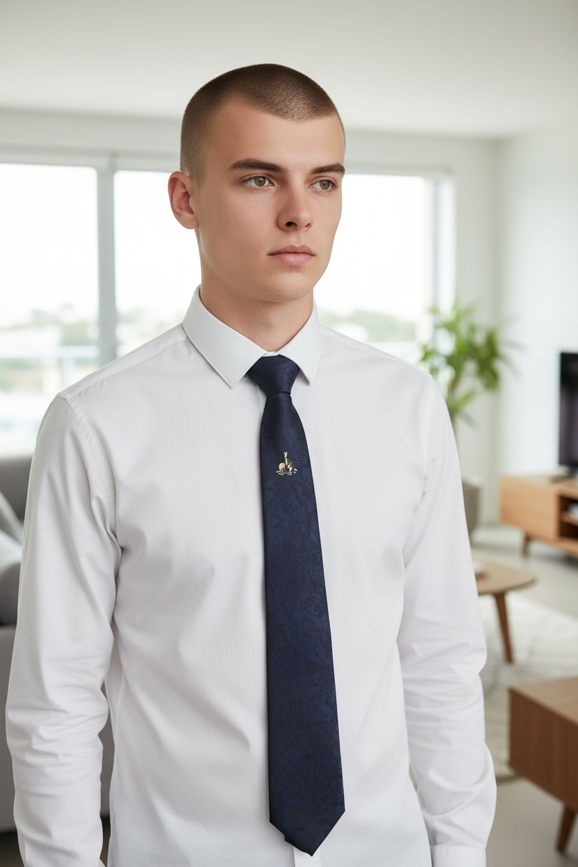 Australian Made Kangaroo Tie – Navy Jacquard Necktie with Kangaroo Tie Pin