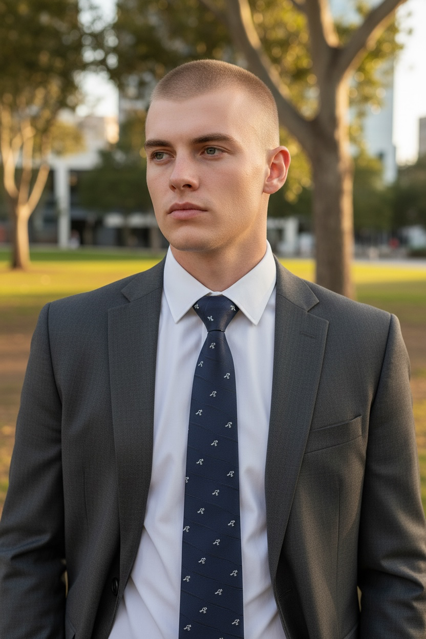 Australian Made Kangaroo Tie – Navy Dotted Kangaroo Necktie with Kangaroo Tie Pin