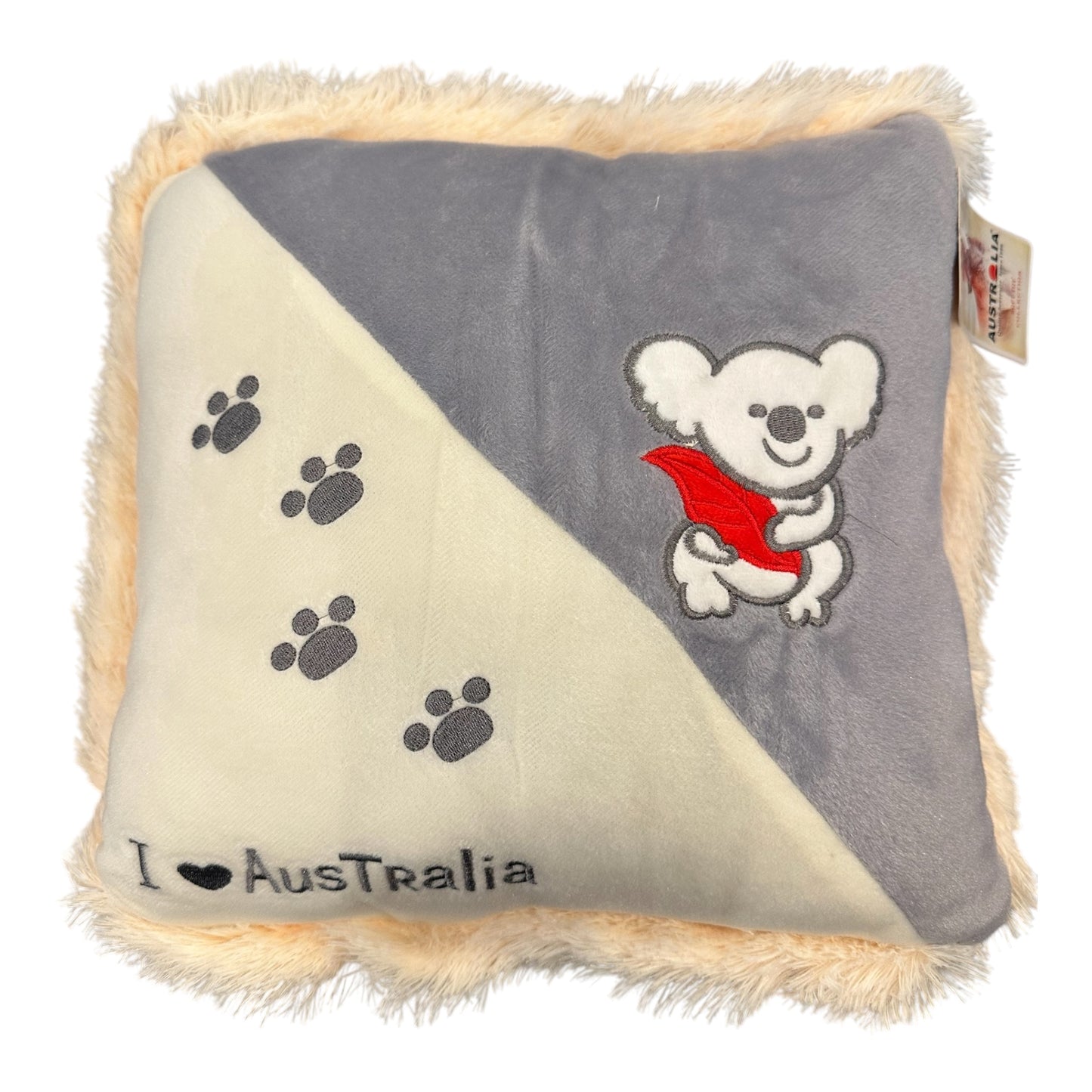I Love Australia Koala Cushion – Grey Plush Cushion with Faux Fur Trim