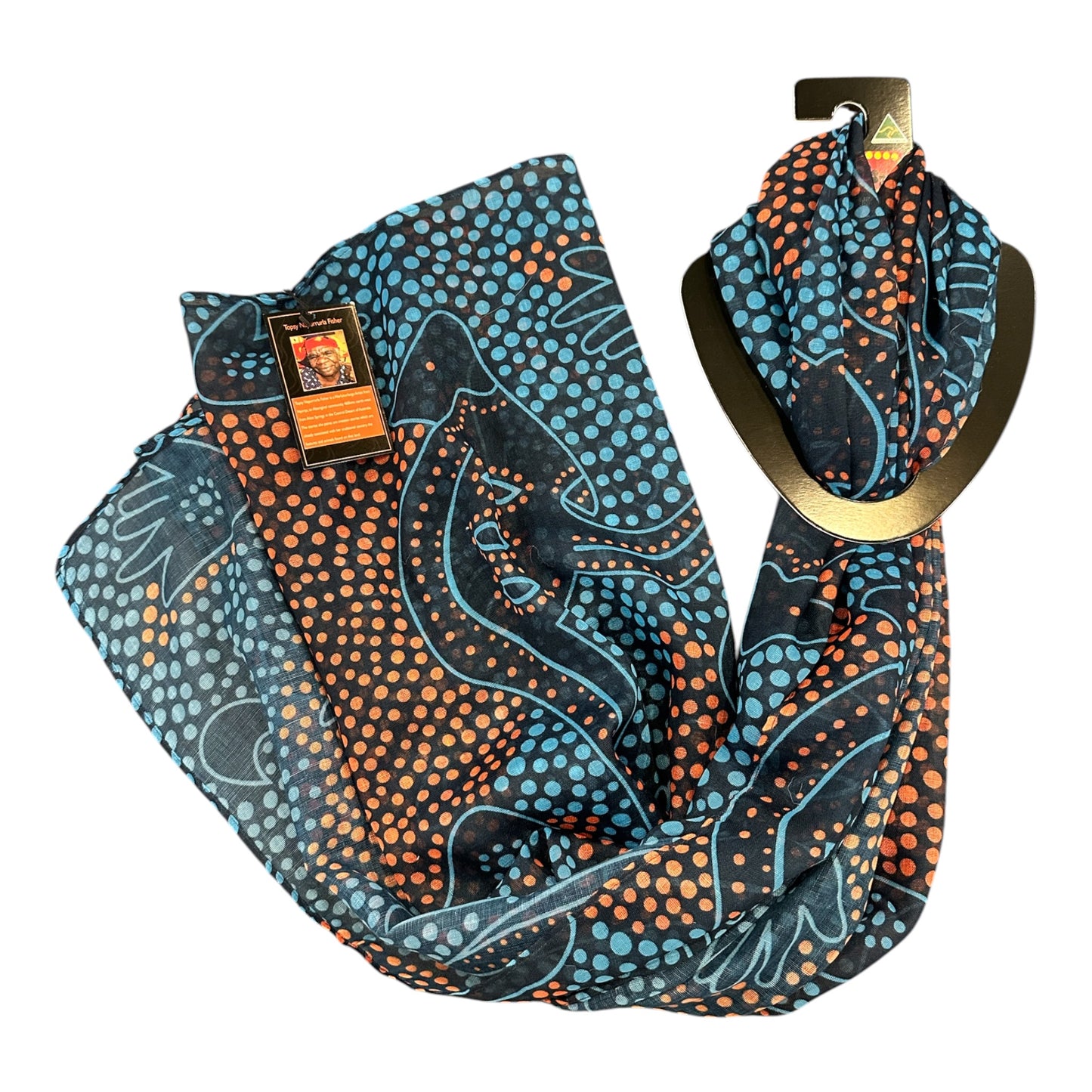 Sacred Dreaming Aboriginal Art Scarf – Navy & Turquoise Dot Print, Australian Made