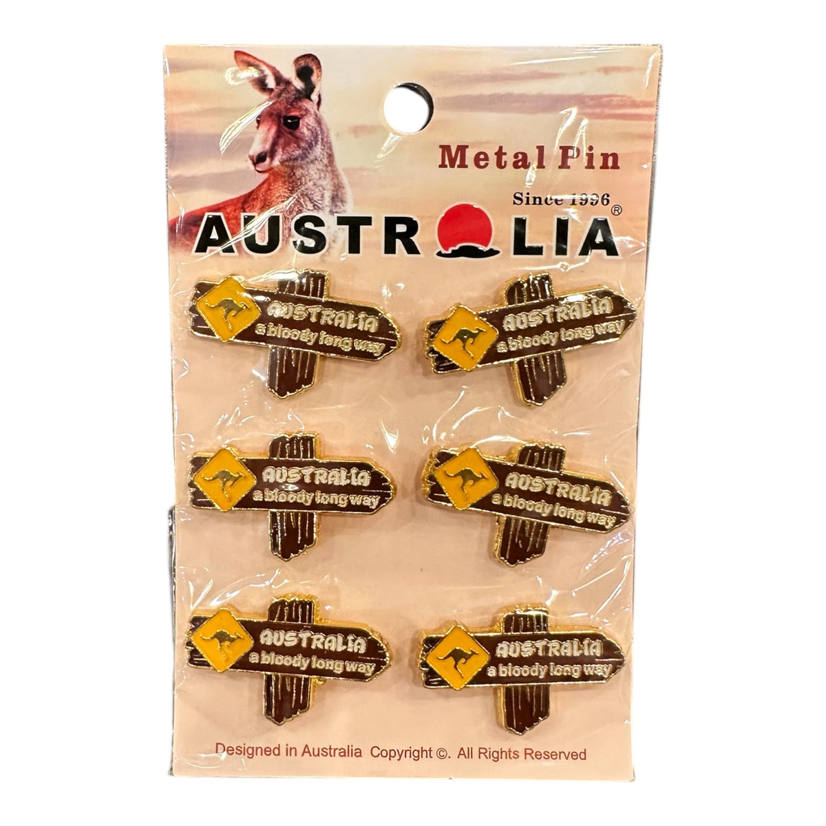 Australia "Bloody Long Way" Road Sign Metal Pin Set – 6 Piece Kangaroo Sign Pins
