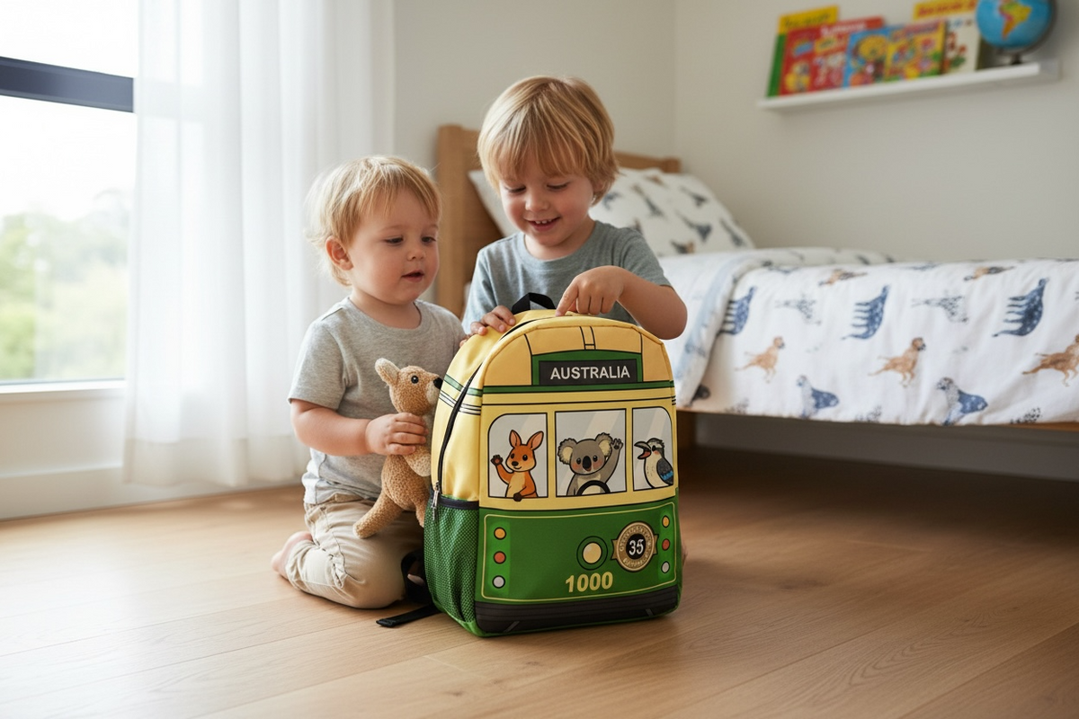 Australia Tram Kids Backpack – Kangaroo, Koala & Kookaburra Design, 2 Colours